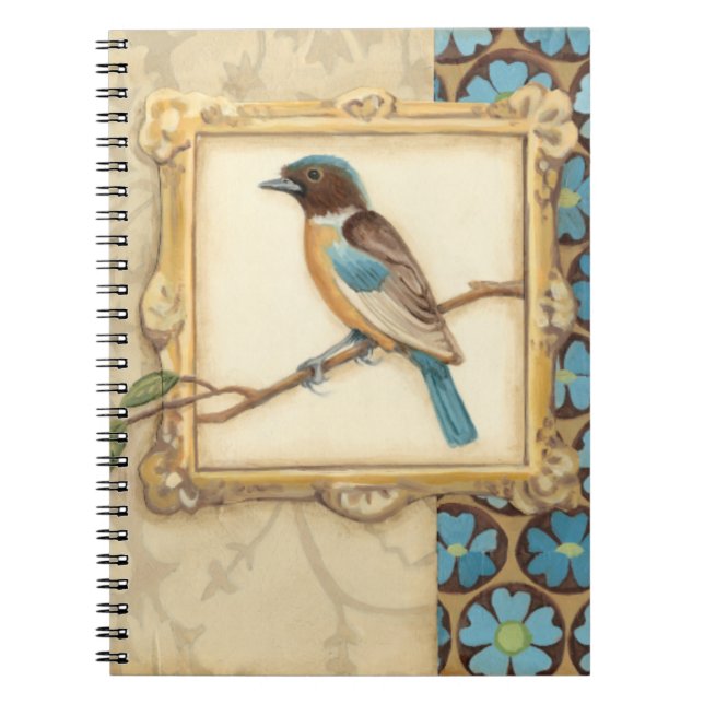 Brown and Blue Bird on a Branch Looking Up Spiral Notebook (Front)
