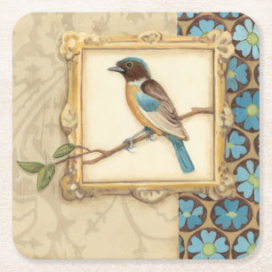 Brown and Blue Bird on a Branch Looking Up Square Paper Coaster