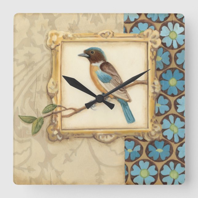 Brown and Blue Bird on a Branch Looking Up Square Wall Clock (Front)