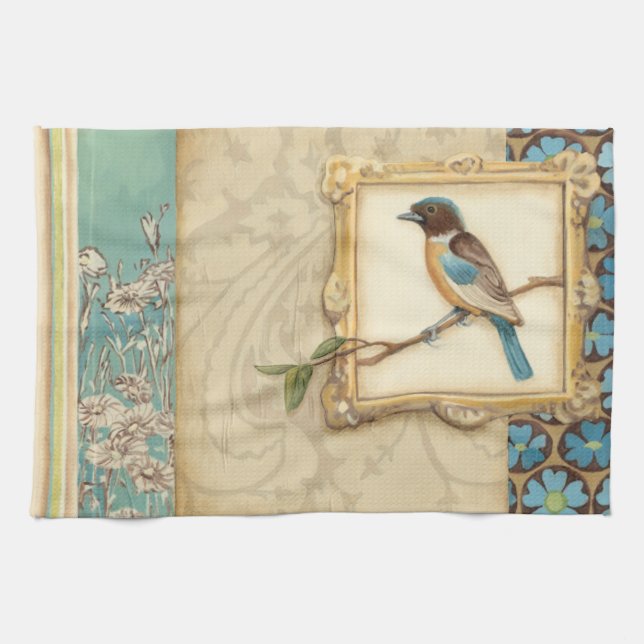 Brown and Blue Bird on a Branch Looking Up Tea Towel (Horizontal)