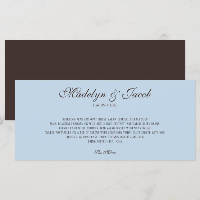 Brown and Blue Classic Wedding Menu (Front/Back)