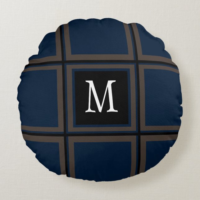 Brown and Blue Custom Single Initial Striped Round Cushion (Front)