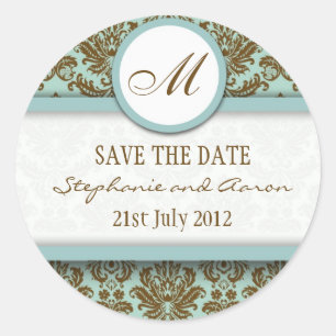 Brown and Blue Damask Monogram Wedding Sticker