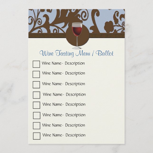 Brown and Blue Damask Wine Tasting Menu (Front)
