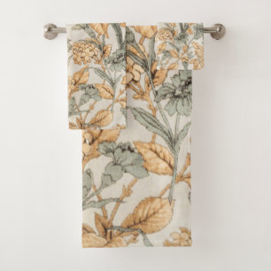 Brown and blue-green flower pattern bath towel set