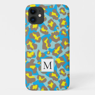 Brown and blue leopard animal print and monogram Case-Mate iPhone case