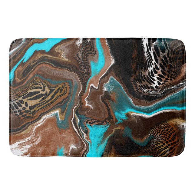 Brown and Blue Marble Swirl Fluid Art    Bath Mat (Front)