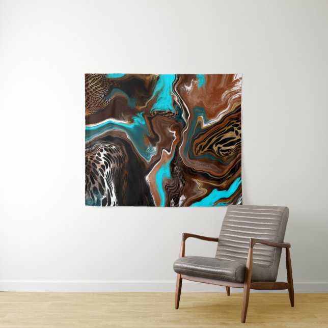 Brown and Blue Marble Swirl Fluid Art    Tapestry (In Situ (Horizontal))