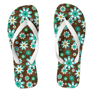 Brown and Blue Retro Mod Flowers  Jandals