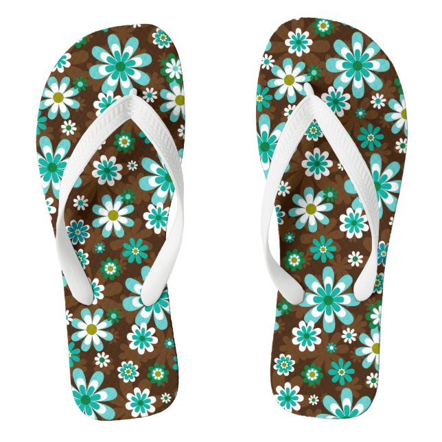 Brown and Blue Retro Mod Flowers  Jandals (Footbed)