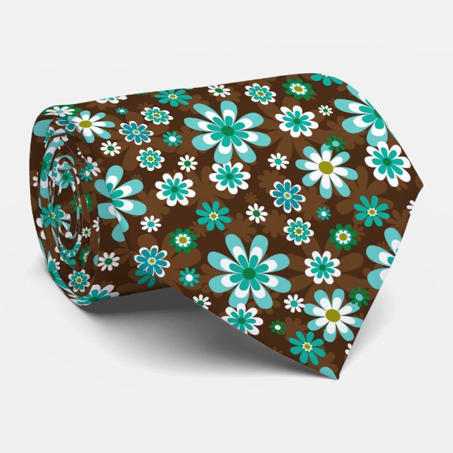 Brown and Blue Retro Mod Flowers  Tie (Rolled)