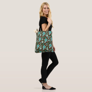 Brown and Blue Retro Mod Flowers  Tote Bag