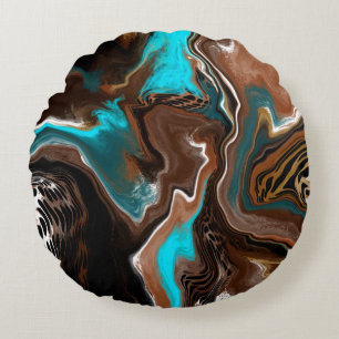 Brown and Blue Teal Marble Fluid Art  Round Cushion
