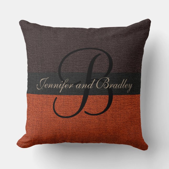 Brown and Brick Red Elegant Monogram Wedding Cushion (Front)