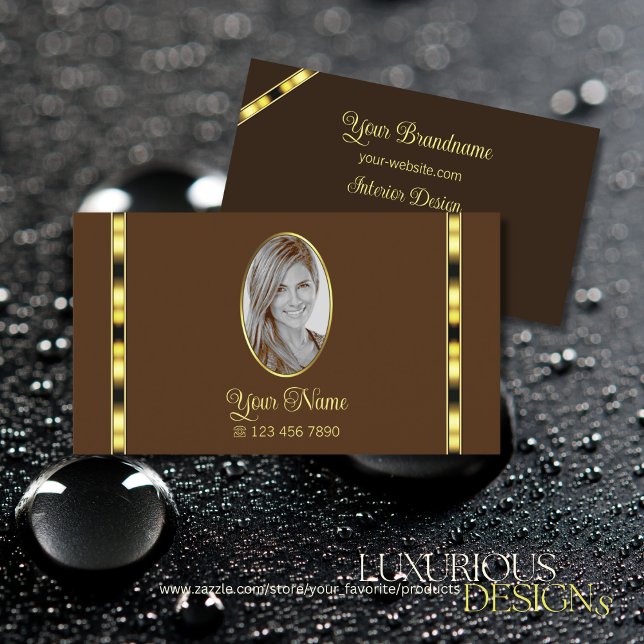 Brown and Chic Gold Decor with Photo Professional Business Card (Creator Uploaded)