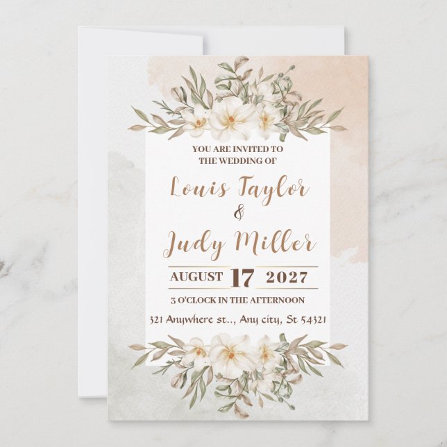 Brown and Cream Floral Watercolor Wedding Invitation (Front)