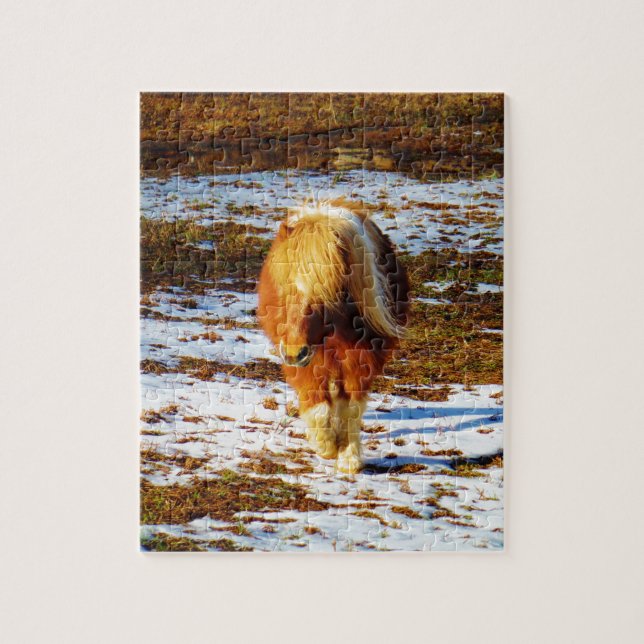 Brown and cream miniature horse in the snow. jigsaw puzzle (Vertical)