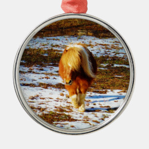 Brown and cream miniature horse in the snow. metal tree decoration