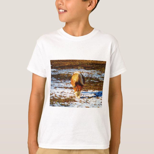 Brown and cream miniature horse in the snow. T-Shirt (Front)