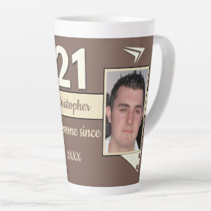 Brown and cream with name 21st birthday photo latte mug