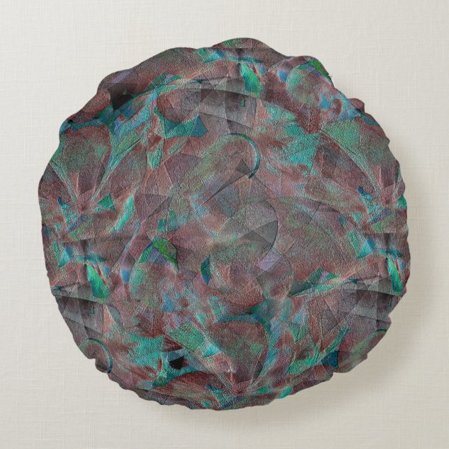 Brown and cyanish spots on unfinished wall plaster round cushion (Back)