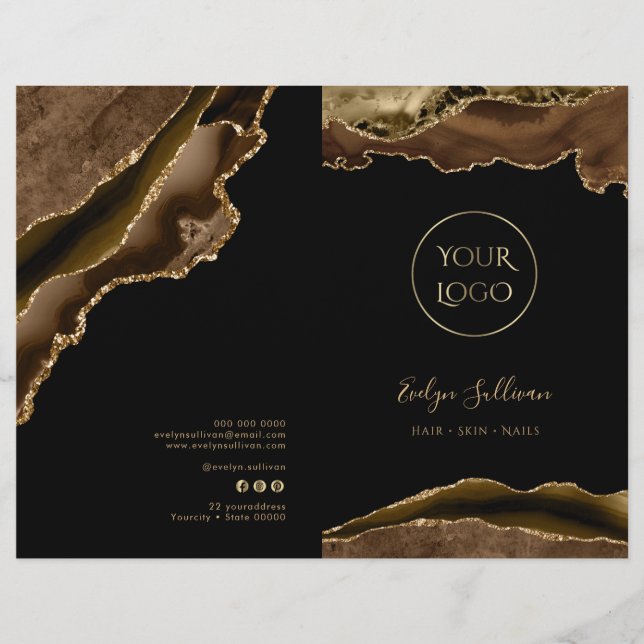 brown and gold agate service menu brochure (Front)