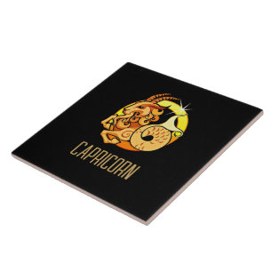 Brown and gold Capricorn zodiac sign black Tile