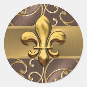 Brown and Gold Filigree Swirls Fleur de Lis Classic Round Sticker