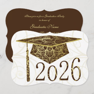 Brown and Gold Floral Cap 2026 Graduation Party Invitation