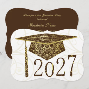 Brown and Gold Floral Cap 2027 Graduation Party Invitation