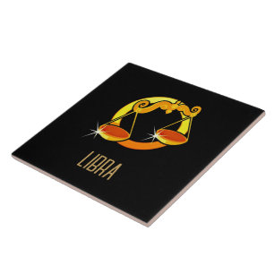 Brown and gold Libra zodiac sign black Tile