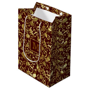 Brown And Gold Traditional Vintage Floral Damasks Medium Gift Bag