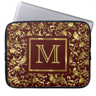 Brown And Gold Vintage Floral Damasks Monogram Laptop Sleeve