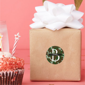 Brown and Green Camouflage Monogram  Classic Round Sticker