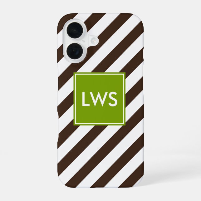 Brown and Green Diagonal Stripes Monogram iPhone 16 Case (Back)