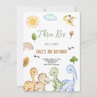 Brown And Green Dinosaur Three Rex 3rd Birthday  Invitation