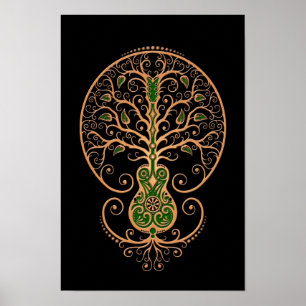 Brown and Green Guitar Tree of Life on Black Poster