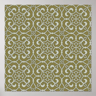 Brown and Green Moroccan Scroll Ornate Pattern Poster