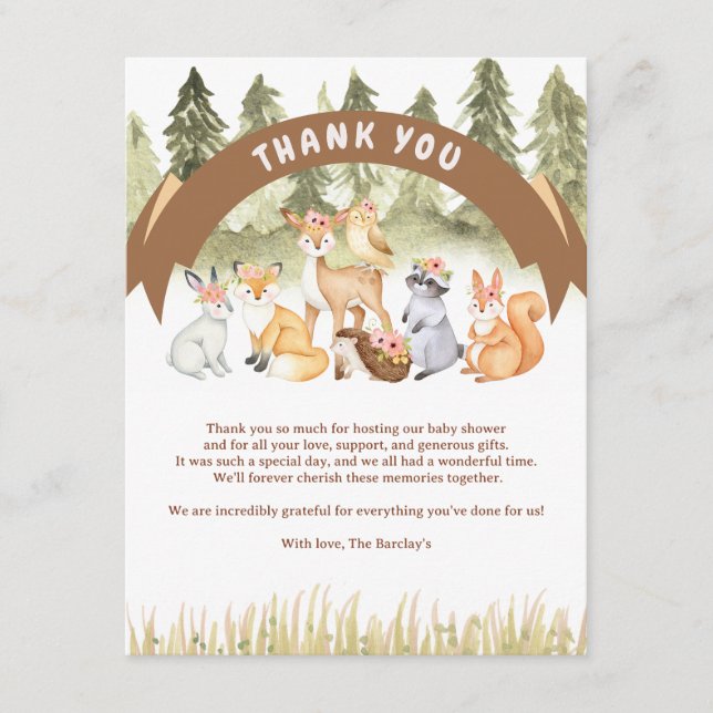 Brown And Green Woodland Animals Baby Shower Enclosure Card (Front)