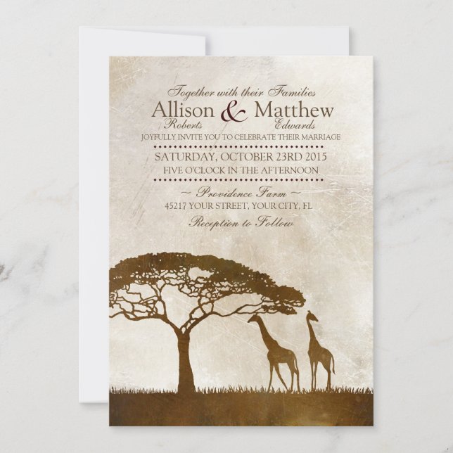 Brown and Ivory African Giraffe Wedding Invitation (Front)