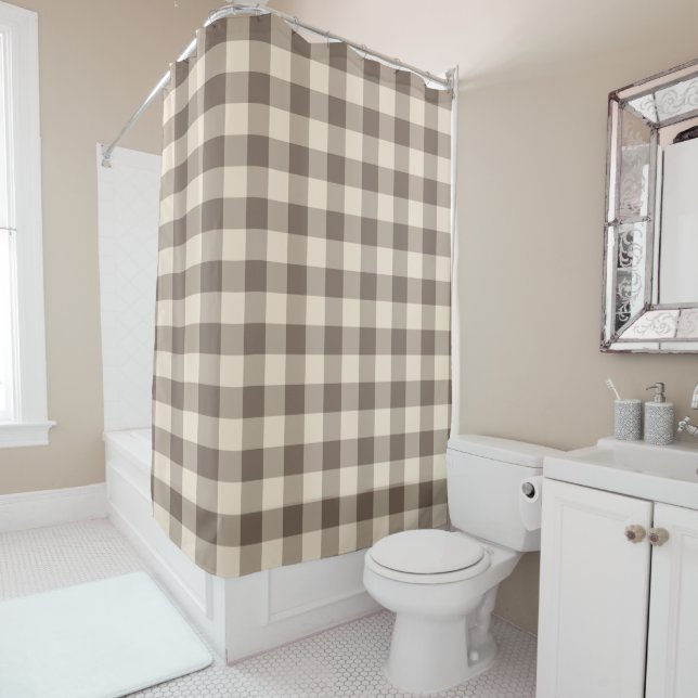 Brown and Khaki Gingham Checked Pattern Shower Curtain (In Situ)