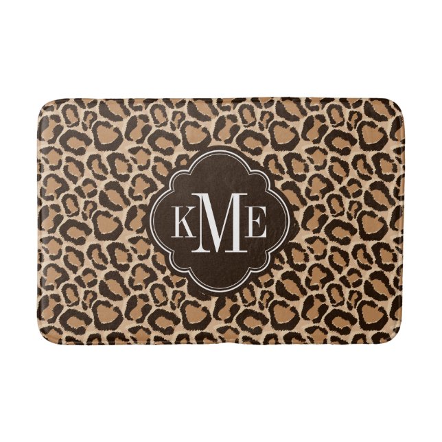 Brown and Leopard Print Custom Monogram Bath Mat (Front)
