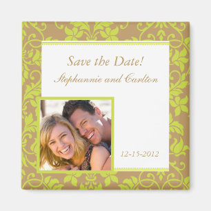 Brown and Lime Green Damask Announcement Magnet