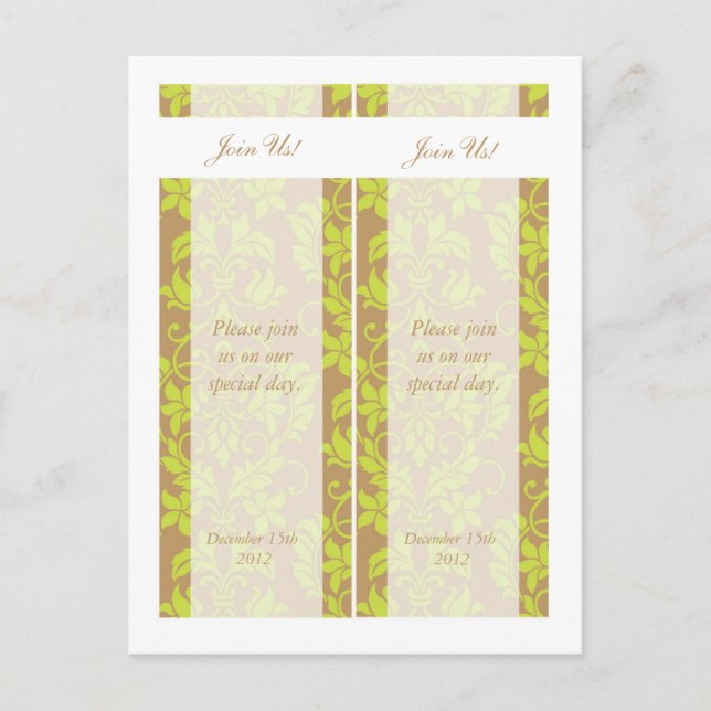 Brown and Lime Green Damask Save Date Bookmarks Announcement Postcard (Front)
