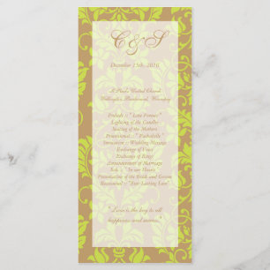 Brown and Lime Green Damask Wedding Programs Programme