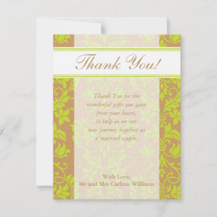 Brown and Lime Green Damask Wedding Thank You Card