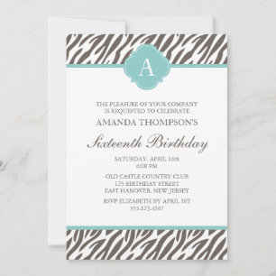 Brown and Mint Zebra Pattern Monogram Invitation