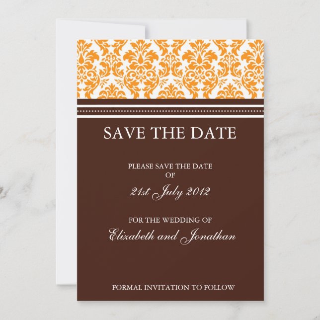 Brown and Orange Damask Save The Date Postcard (Front)