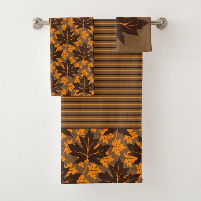Brown and orange maple leaves fall bath towel set (Insitu)