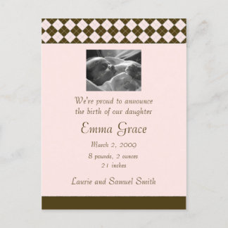 Brown and Pink Argyle Announcement (Customisable) Postcard